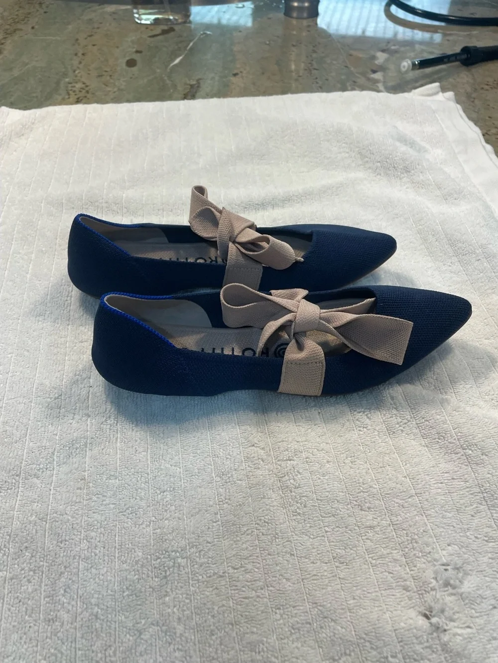 Rothys Sapphire Blue Pink Point Toe Mary Jane Knit Bow Ballet Flats Size 6.5